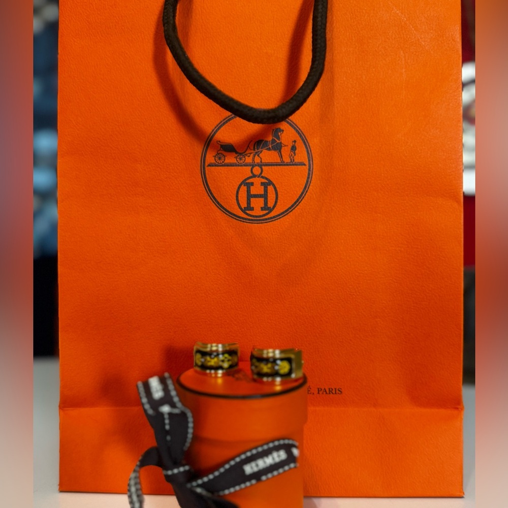 HERMES H CLOISONNÉ MOSIAC CLIP ON EARRINGS - Picture 3 of 7